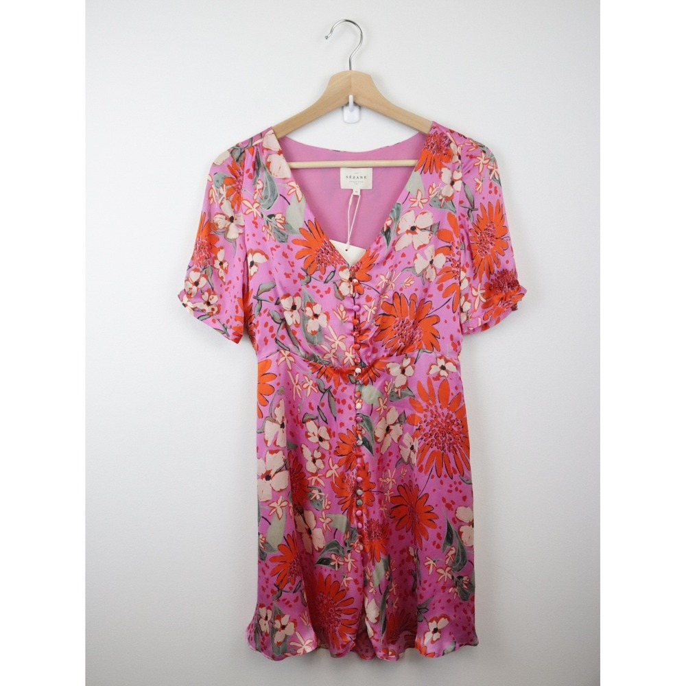 NEW Sezane Sola Dress 34 US 2 Silk Floral Pink - Picture 2 of 11